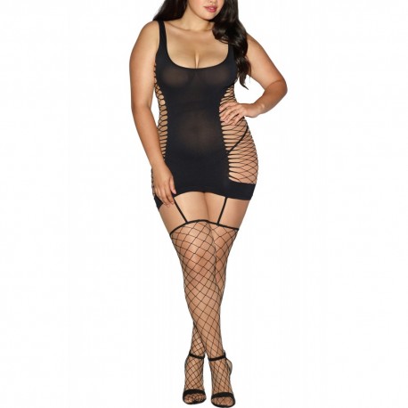 Bodystocking noir ajouré grande taille style guêpière avec bas filet