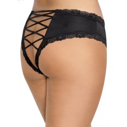 Tanga grande taille noir satiné bordures dentelle ajouré sur les fesses