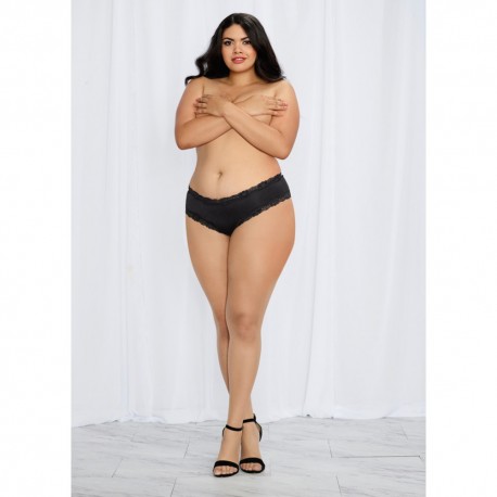 Tanga grande taille noir satiné bordures dentelle ajouré sur les fesses