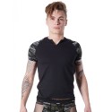 T-shirt noir sexy armée déco camouflage sur les manches et col rond ouvert