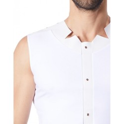 V-shirt débardeur blanc satiné avec bandes style cuir et dos avec transparence