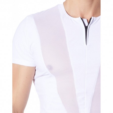 T-Shirt blanc doux avec bandes résille col rond et zip