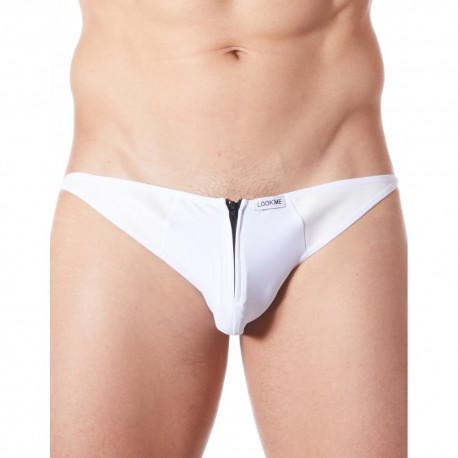 Slip brief blanc sexy avec fermeture éclair et côtés style cuir dos transparent