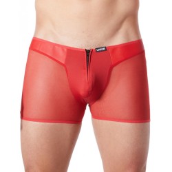 Boxer rouge sexy avec fermeture éclair et côtés style cuir et maille transparente