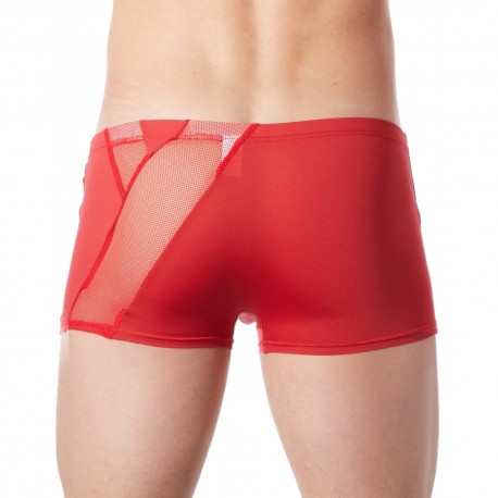 Boxer rouge sexy avec bandes fine résille et déco zippée