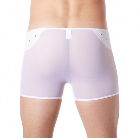 Boxer blanc sexy maille transparente et bande style cuir