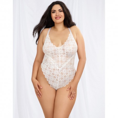 Body string grande taille blanc échancré dentelle avec jupe de maille transparente amovible