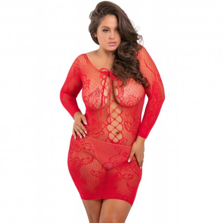 Nuisette grande taille rouge fine résille manches longues Nuisette grande taille rouge fine résille manches longues