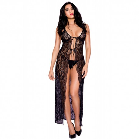 Nuisette déshabillée longue noire ouverte dentelle florale et string Nuisette déshabillée longue noire ouverte dentelle florale et string