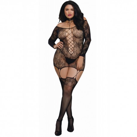 Bodystocking résille guêpière grande taille réversible avec tour de cou