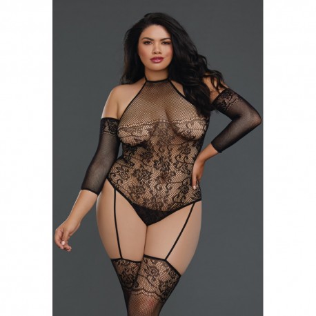 Bodystocking grande taille résille effet bas jarretelles