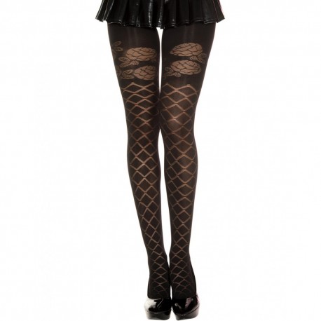 Collant semi opaque noir effet croisillons et fleurs Collant semi opaque noir effet croisillons et fleurs