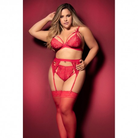 Ensemble 3 pièces rouge grande taille  soutien-gorge string porte-jarretelles