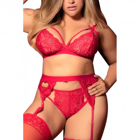 Ensemble 3 pièces rouge grande taille  soutien-gorge string porte-jarretelles