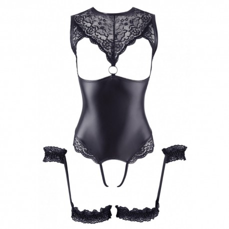 Body en dentelle et simili cuir ouvert avec menottes -  OR2642239BLK