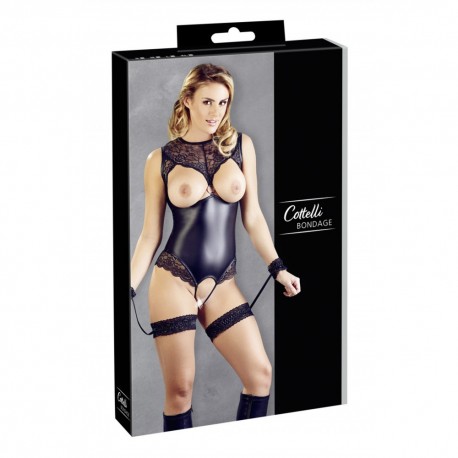 Body en dentelle et simili cuir ouvert avec menottes -  OR2642239BLK