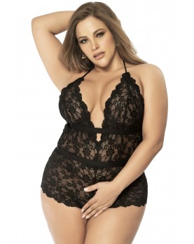 Body grande taille en dentelle florale noire ouvert avec dos - MAL8685XBLK