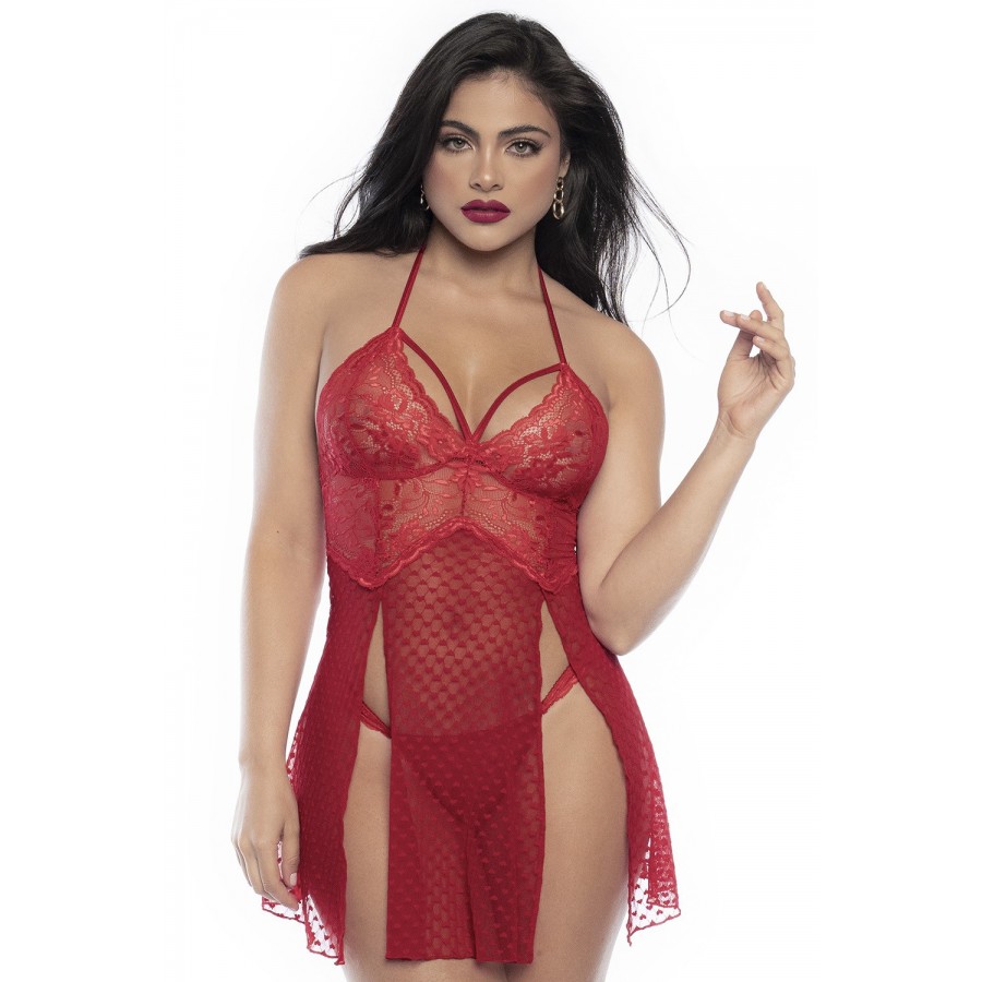 Nuisette dos nu en dentelle rouge et fine résille avec string assorti  - MAL7506RED