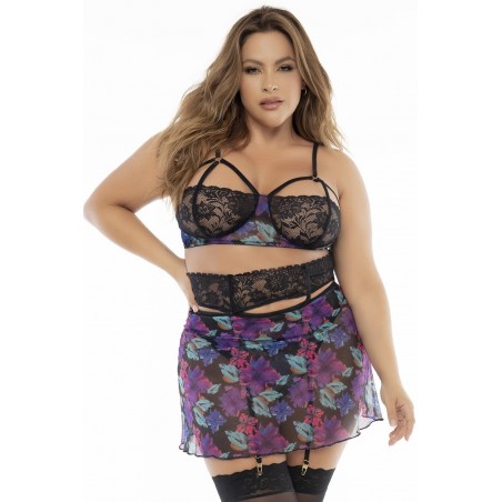 Deux-en-un, nuisette et ensemble trois pièces noir, grande taille, tissu fleur exotique - MAL7496XBLK