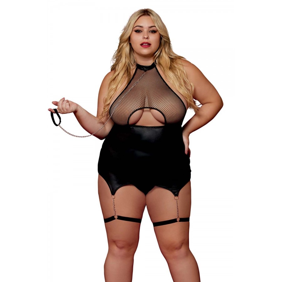 Body BDSM noir, grande taille, en maille avec corset / porte-jarretelles, simili cuir, intégré - DG13295XBLK Body BDSM noir, grande taille, en maille avec corset / porte-jarretelles, simili cuir, intégré - DG13295XBLK