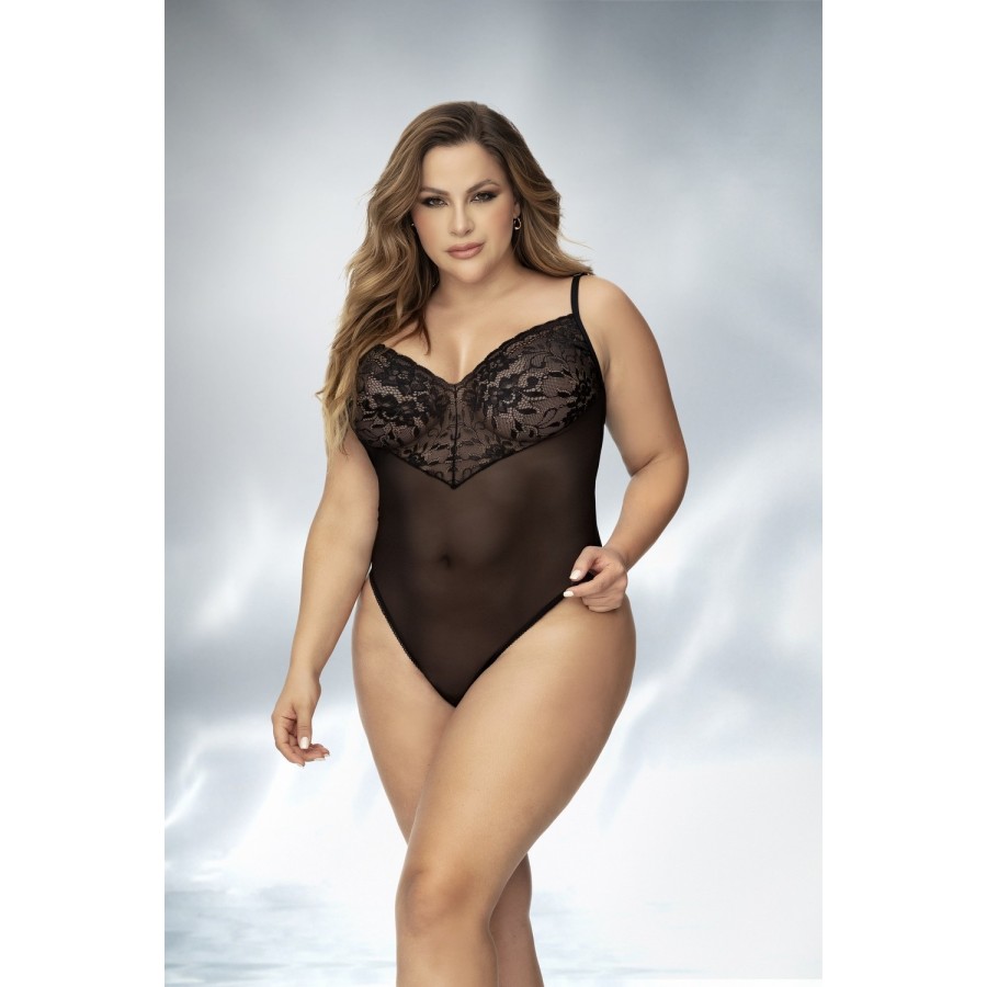 Body, grande taille, noir en dentelle et résille noire - MAL8795XBLK