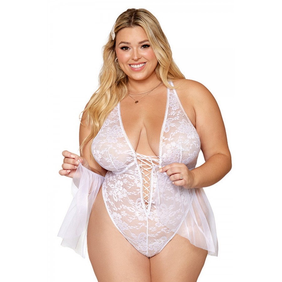 Body grande taille dentelle blanc avec tulle amovible - DG12918XWHT Body grande taille dentelle blanc avec tulle amovible - DG12918XWHT