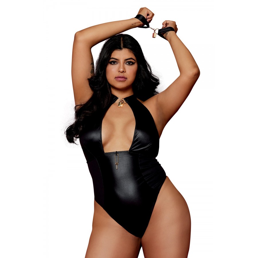 Body wetlook noir grande taille avec menottes, cadenas bijoux et clé bijou inclus - DG12814XBLK Body wetlook noir grande taille avec menottes, cadenas bijoux et clé bijou inclus - DG12814XBLK