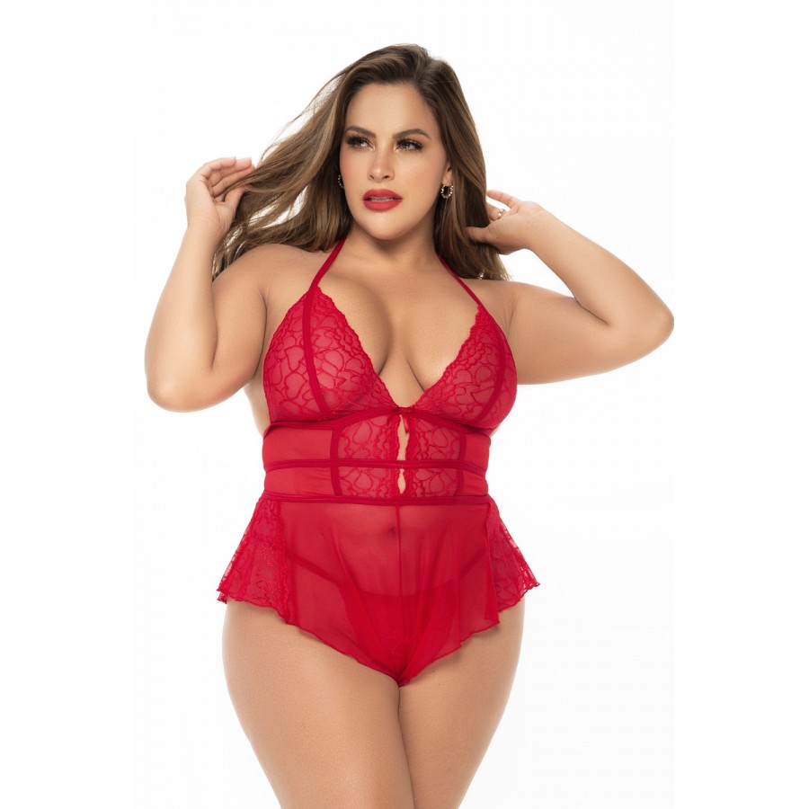 Body rouge grande taille effet babydoll et string assorti - MAL7445XRED Body rouge grande taille effet babydoll et string assorti - MAL7445XRED