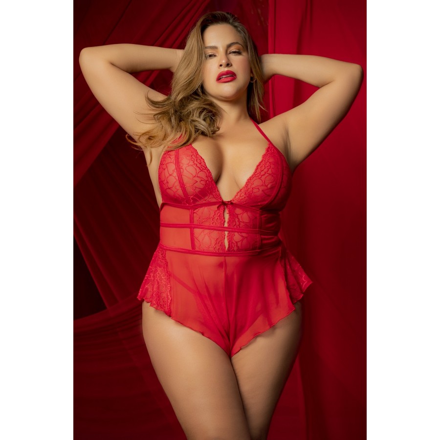 Body rouge grande taille effet babydoll et string assorti - MAL7445XRED