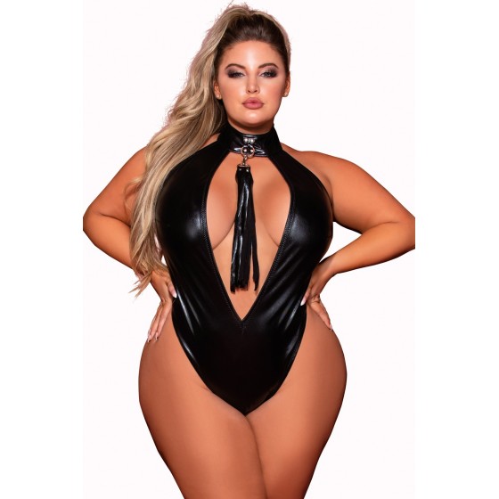 Body en simili cuir grande taille, extensible avec col clouté et fouet - DG12450XBLK