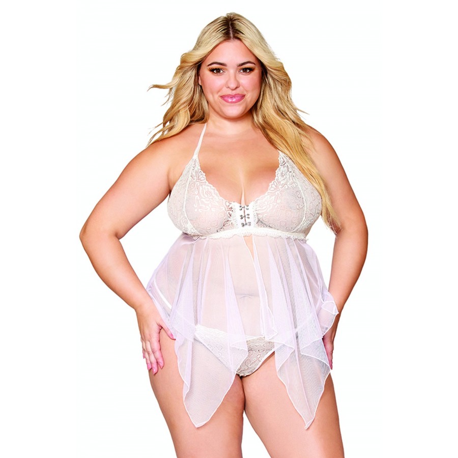 Babydoll et string grande taille en résille et dentelle blanche - DG13314WHT