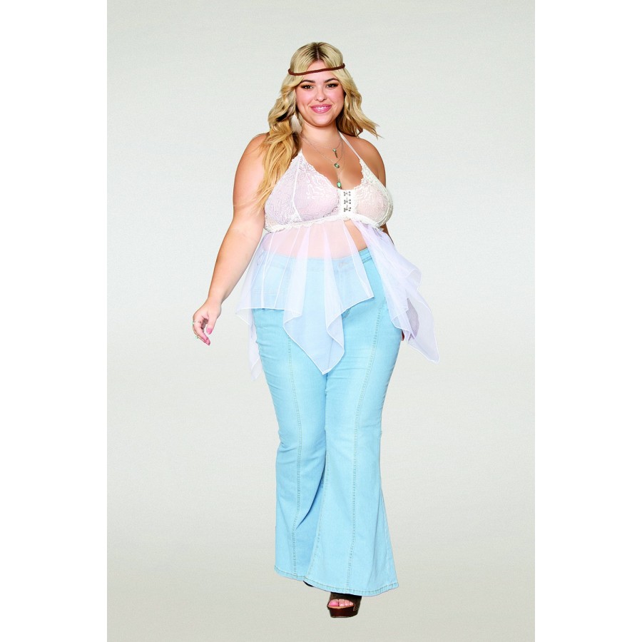 Babydoll et string grande taille en résille et dentelle blanche - DG13314WHT