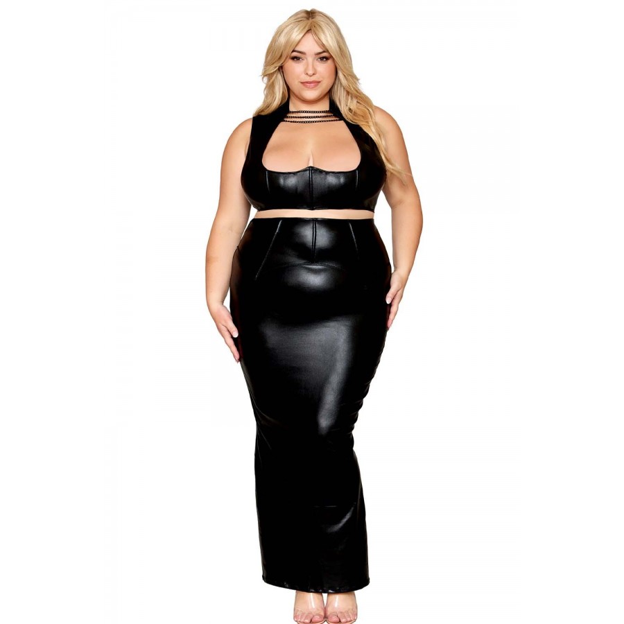 Ensemble Soutien-gorge et jupe longue, grande taille, noir en simili cuir - DG13198XBLK