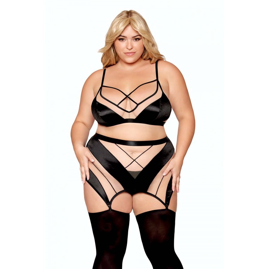 Ensemble grande taille avec Soutien-gorge, jupe porte-jarretelles, string  - DG13377XBLK