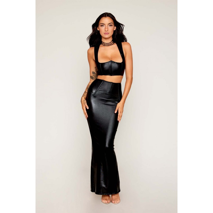 Ensemble Soutien-gorge et jupe longue noir en simili cuir - DG13198BLK