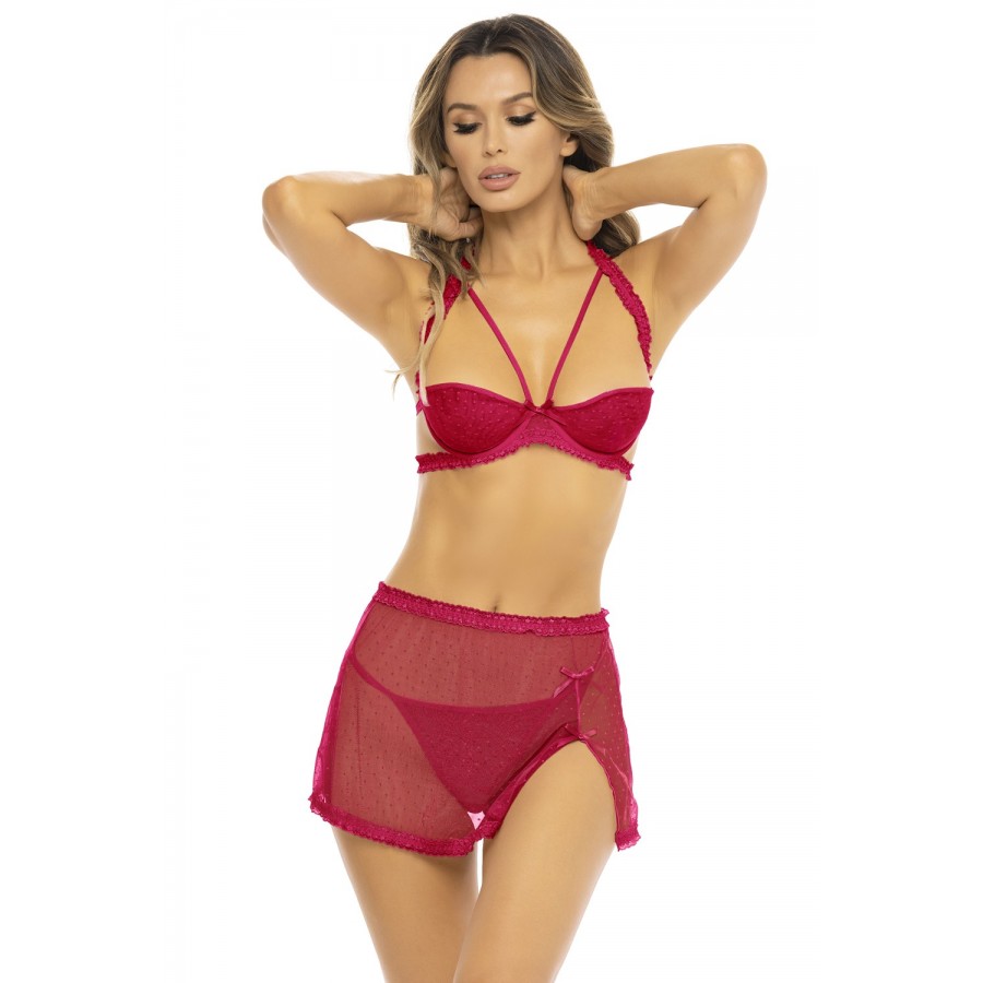 Ensemble 3 pièces rouge, soutien gorge, jupette et string - REN53039-RED