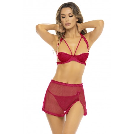 Ensemble 3 pièces rouge, soutien gorge, jupette et string - REN53039-RED