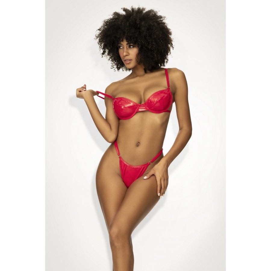 Ensemble lingerie sexy en vinyle rouge avec soutien-gorge et string - MAL2740RED