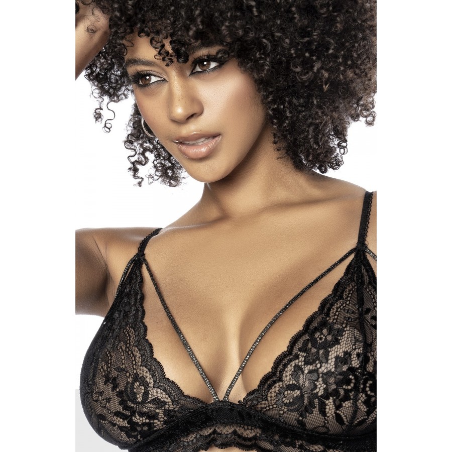 Ensemble 3 pièces en fine dentelle florale noire - MAL8798BLK