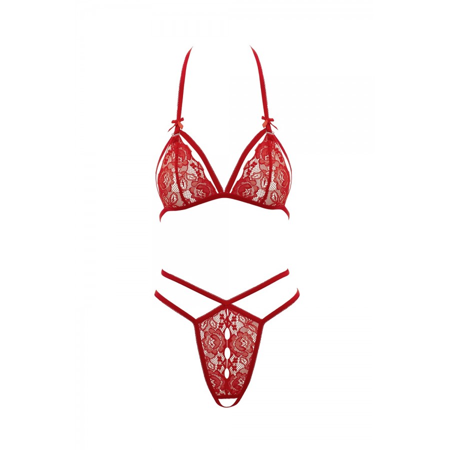 Soutien-gorge en dentelle rouge avec bonnets détachables et string - R221125430