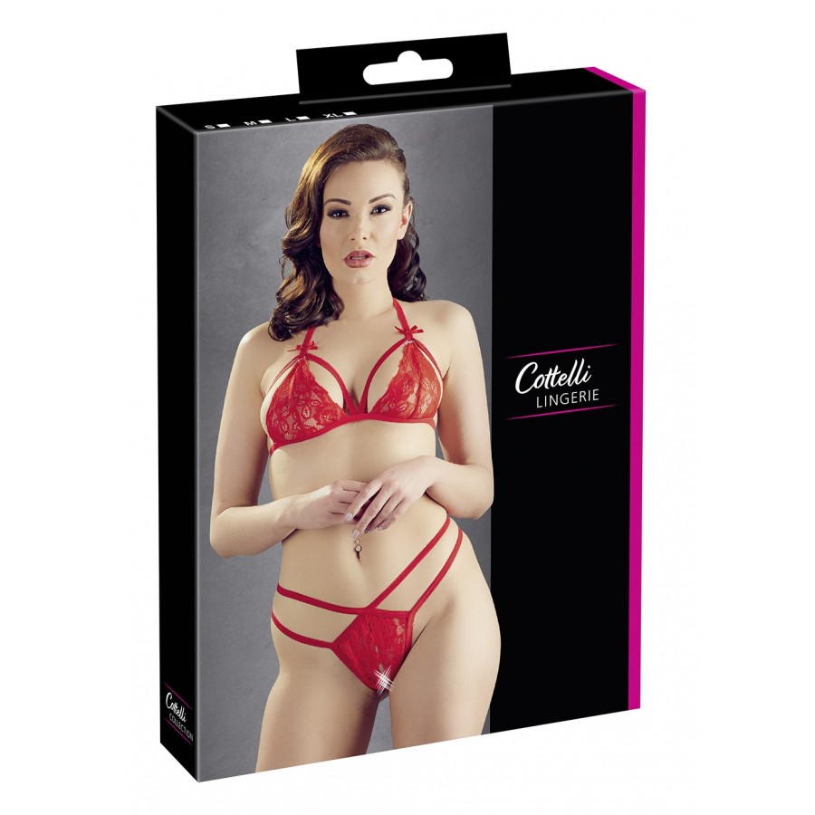 Soutien-gorge en dentelle rouge avec bonnets détachables et string - R221125430