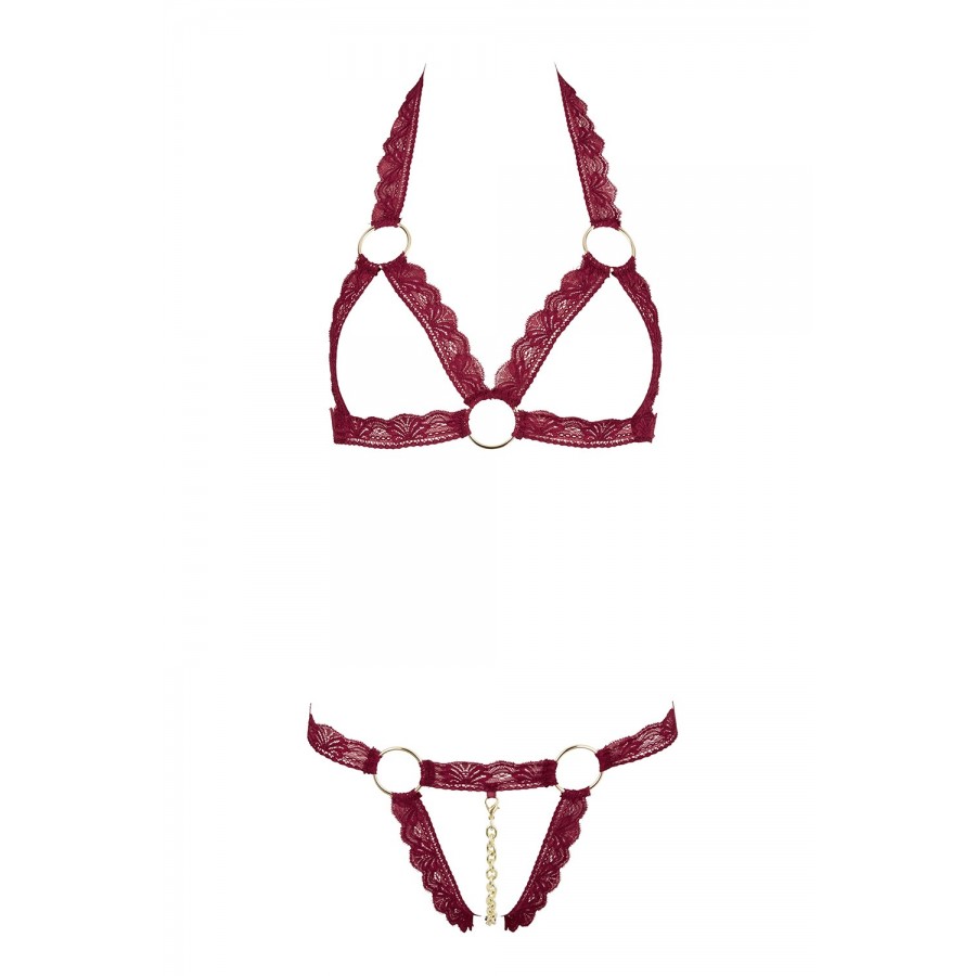 Soutien-gorge ouvert et string rouge à larges bandes sexy - R2213010