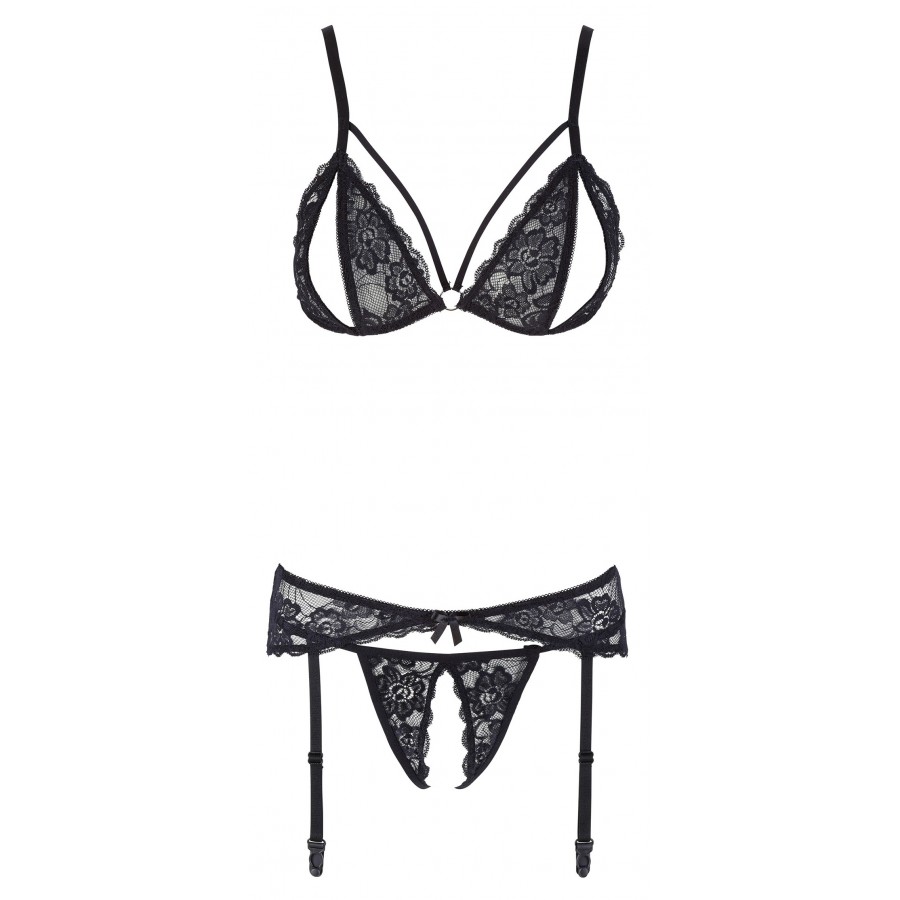 Ensemble trois pièces avec soutien-gorge fendu, porte-jarretelles et string noir - R2230348