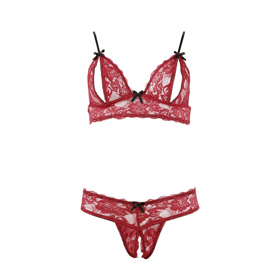 Soutien-gorge, bonnets ouverts, en dentelle rouge et string assorti - R2212447