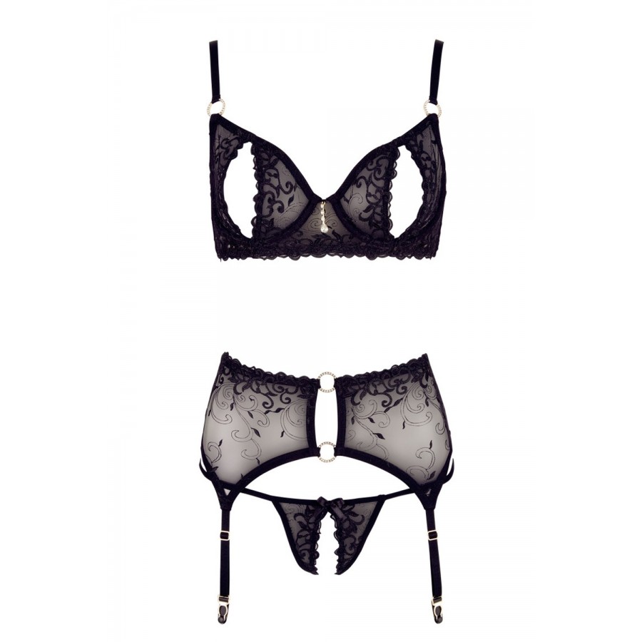 Soutien-gorge dentelle, porte-jarretelles et string ouvert noir - R2213052