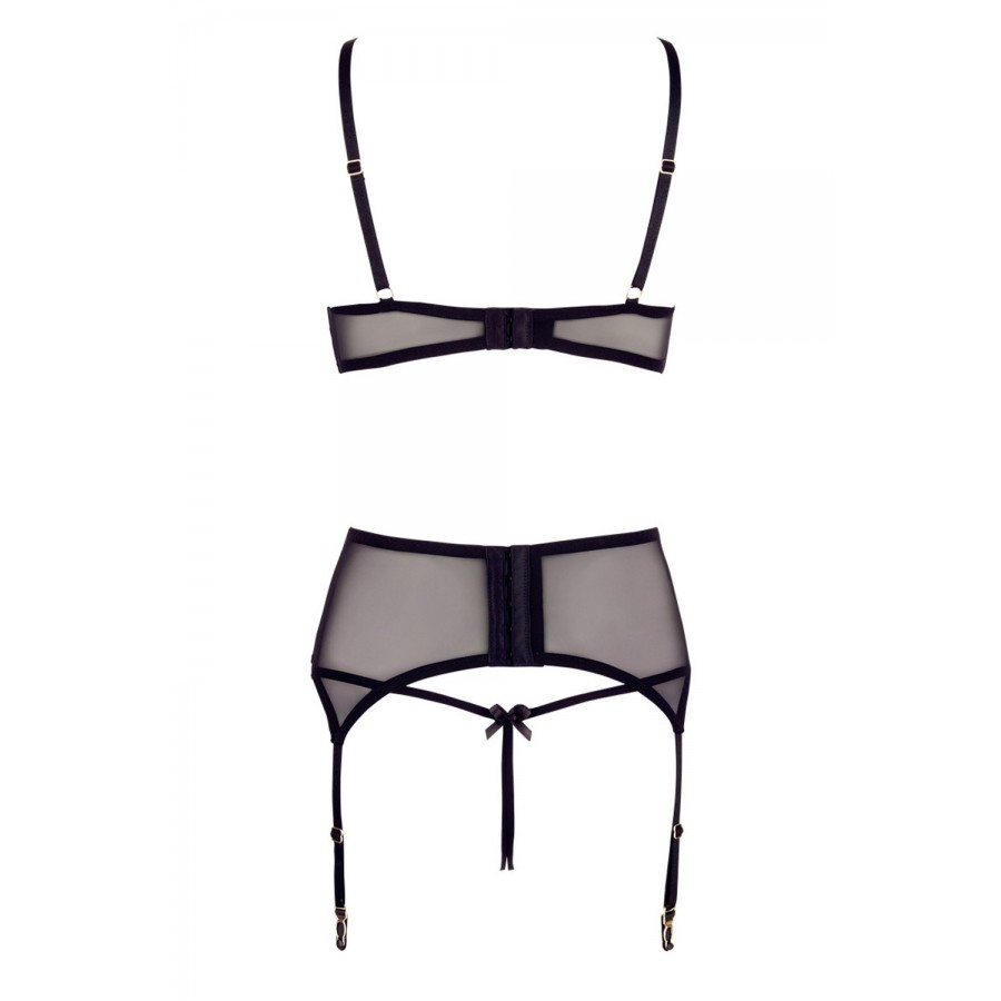 Soutien-gorge dentelle, porte-jarretelles et string ouvert noir - R2213052