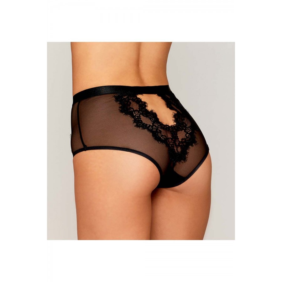 Culotte en résille et dentelle noire avec jarretelles roses - DG1485BLK