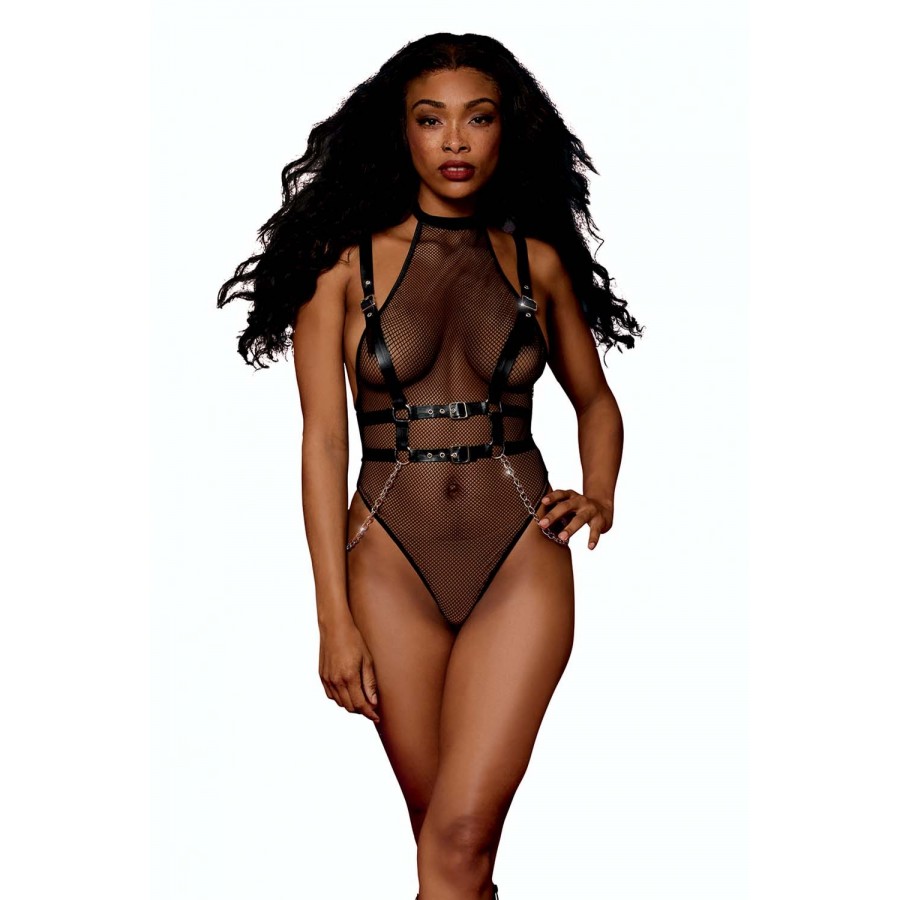 Body en résille avec Harnais simili cuir et chaines - DG13291BLK Body en résille avec Harnais simili cuir et chaines - DG13291BLK