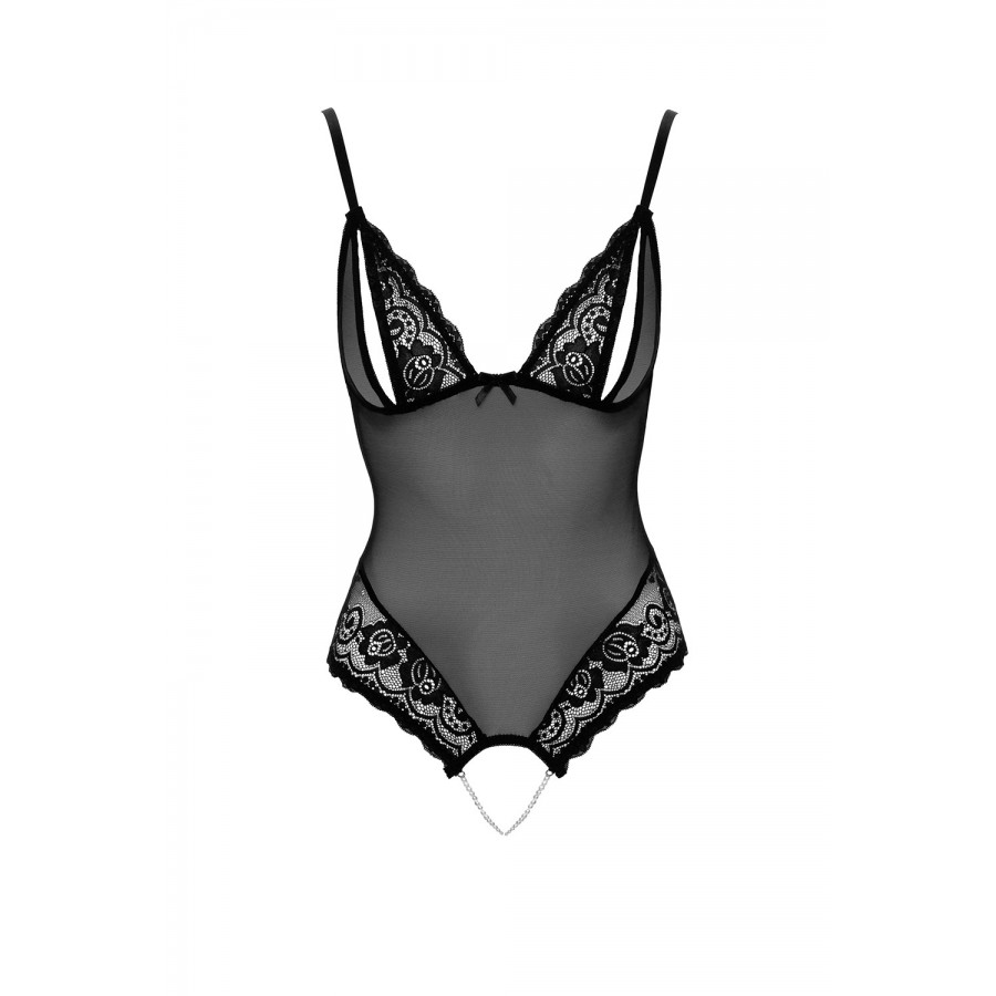 Body string en dentelle et résille noire avec perles à l'entrejambe - R2642425