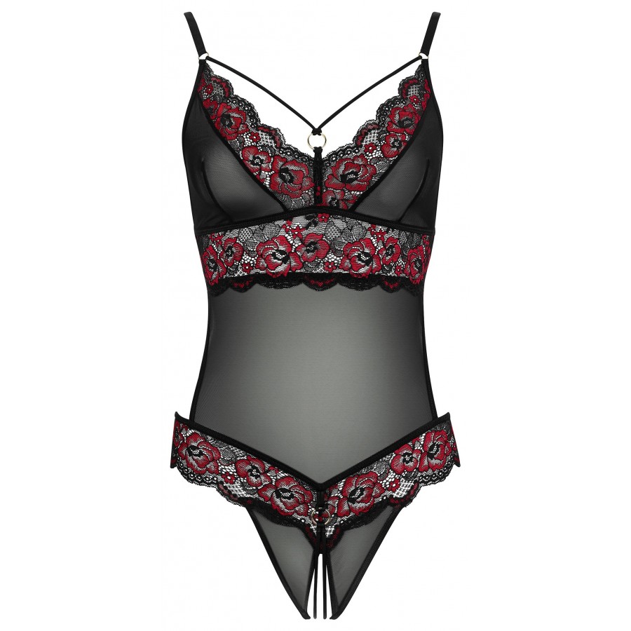 Body string en dentelle florale bicolore et résille - R2642859